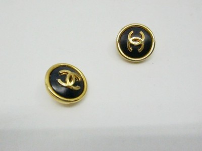 2 Pcs Chanel Buttons Black Gold CC 15 mm Authentic Round Shank Couture Sewing