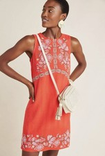 ANTHROPOLOGIE Aiko Embroidered Floral Shift Red Linen Blend Dress size 6