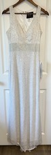 Mac Duggal Sequin Sleeveless V Neck Column White Gown & Beaded Belt Formal PP209