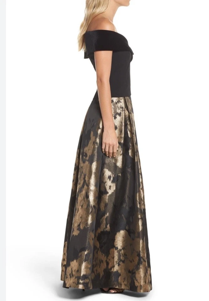 Maxi Falda de Baile Jacquard Metálica Eliza J Dorada Negra Línea A Formal Talla 6 Foto 2 de 4