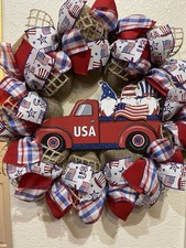 Farmhouse GNOME USA TRUCK Fourth Of July WREATH   BURLAP Deco Mesh SUPER CUTE 