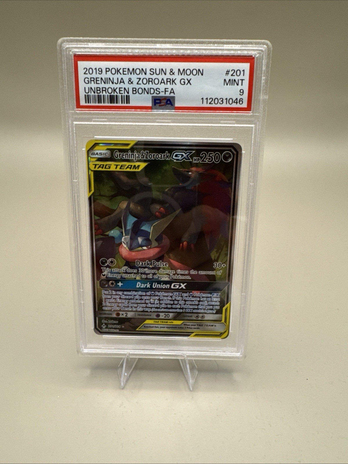 PSA 9 MINT Greninja & Zoroark GX 201/214 Tag Team Alt Art Unbroken Bonds Pokemon