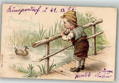 39992456 - Child Watching a Duck Children (Artist Cards) 1903