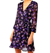 GANNI BLACK PURPLE PINK WHITE 60'S FLORAL WRAP SHORT DRESS 38 M 10/12 NWOT £175