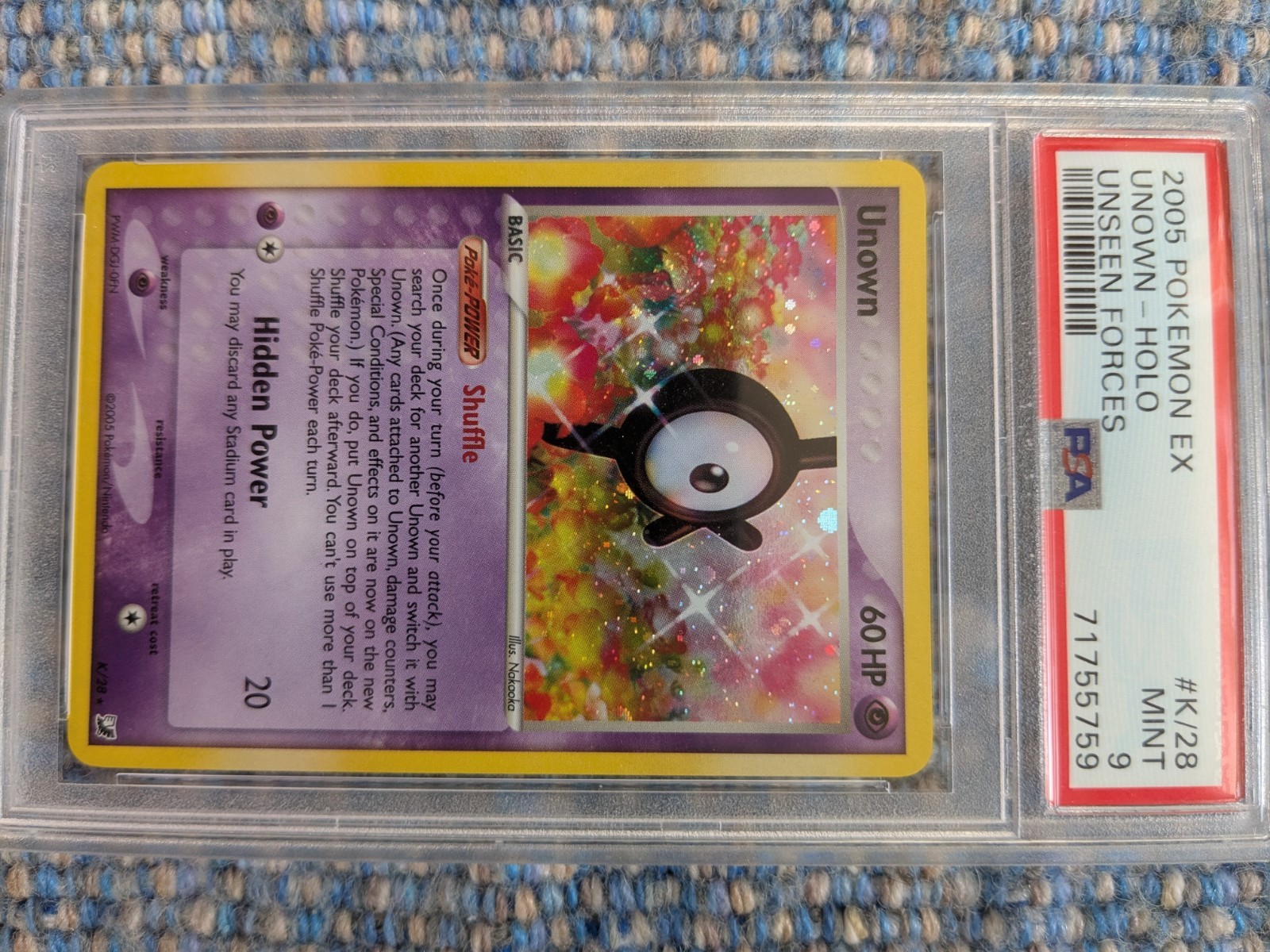 2005 Pokemon EX Unseen Forces Unown #K/28 Rare Holo PSA 9 Mint