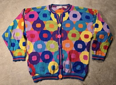 Vintage Christine Foley Sweater Womens Large Geometric Fun Rainbow Cardigan 