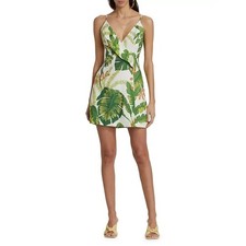Farm Rio Tropical Forrest Leaf Print V Neck Button Mini Dress Linen Womens Large