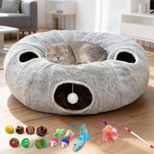 4-Holes Cat Tunnel Bed for Indoor Cats, Plush Donut Play Tunnel with Removabl...