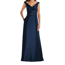 Alfred Sung dress D811s off the shoulder draped wrap satin maxi blue size 2