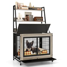 Dog Crate Furniture with Storage Shelves Industrial Dog Kennel w/ Flip-up Top