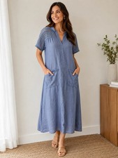 Made in Italy NEW Blue 100% Linen Lagenlook Pocket Midi Dress Oversized M