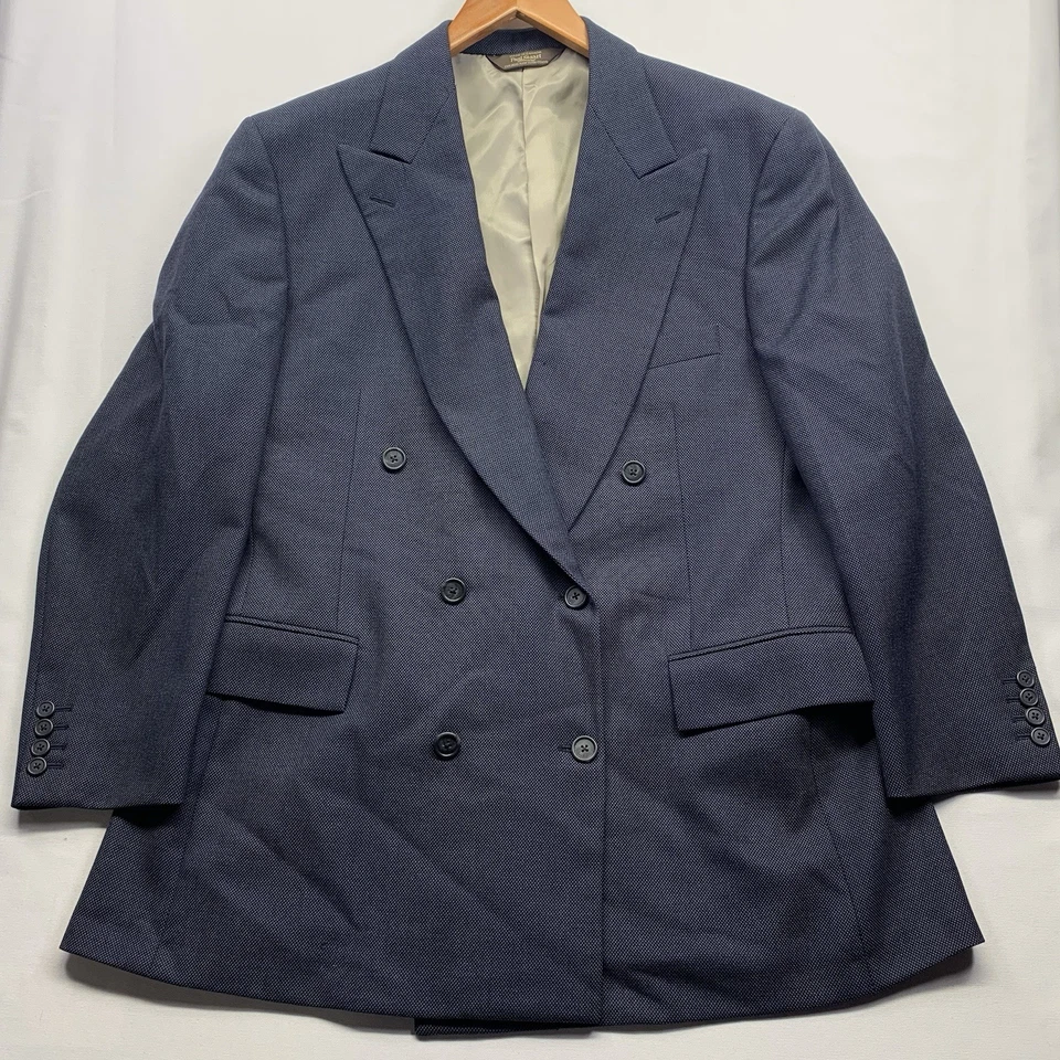 Paul Stuart Double Breasted Suit Men’s 44R 38x29.5” Pants Birds Eye Blue Wool - Image 2 of 4