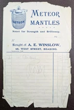 1920s A.E. Winslow Meteor Mantles West Street Reading Receipt