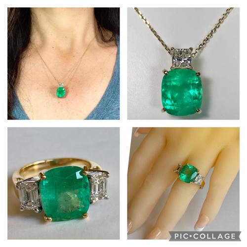 Certified 7.00 Carat Cushion Muzo Colombian Emerald & Diamond 18k Gold Pendant - Picture 10 of 11