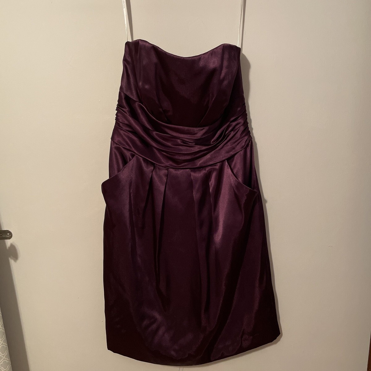 Davids Bridal Eggplant/Dark Purple Satin Pleated Strapless Dress