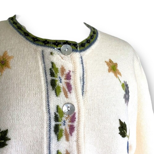 Coldwater Creek Womens Cardigan Sz Medium Ivory Floral Embroidered Wool Sweater - Picture 6 of 10