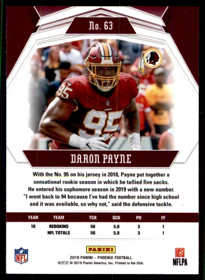 2019 Panini Phoenix Daron Payne #63 - Image 2 of 2