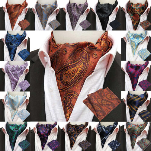 Men Ascot Tie Cravat Hanky Pocket Square Handkerchief Wedding Party Business Set - Picture 1 of 23