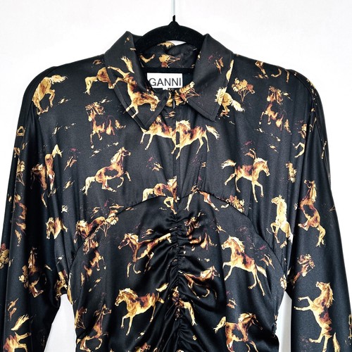 Ganni Ruched Horse Print Dress Size 36/ 8 US 4 Silk Satin Black Gold Long Sleeve - Bild 6 von 11