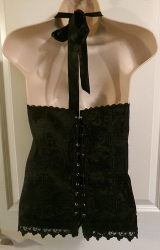 VINTAGE FREDERICK'S of HOLLYWOOD BLACK DAMASK HALTER TOP CORSET - 40 - Picture 5 of 14