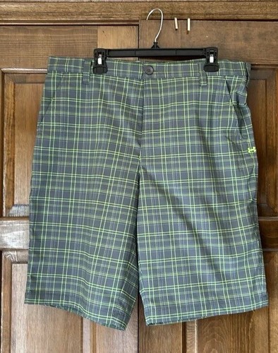 Men’s Under Armour Golf Shorts Flat Front Gray Neon Green Size 38 EUC