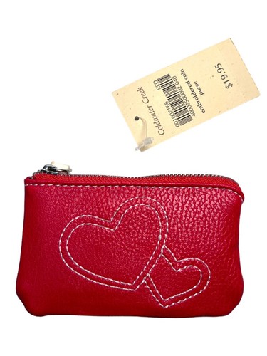 Coldwater Creek Zip Up Coin Purse Red White Hearts Embroidered Vegan Leather VTG