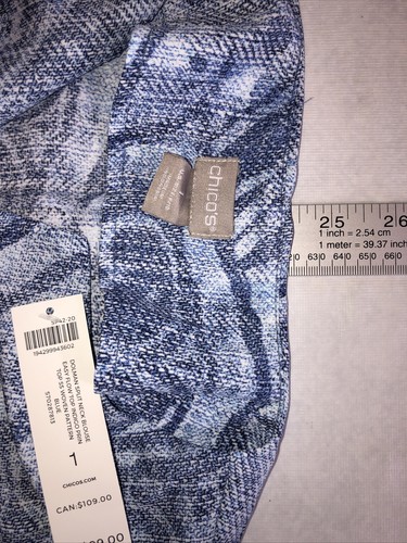 Chicos 1 M NWT Dolman Split Neck Blouse Blue Indigo Woven Pattern msrp $99 - Picture 9 of 12