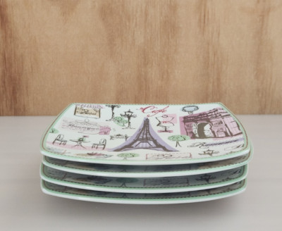 Lot of Four 222 Fifth Dessert Plates Tres Chic Paris Pattern Eiffel Tower (M17)
