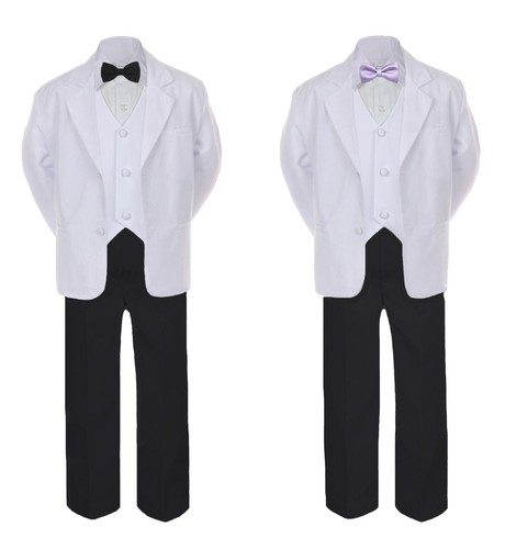 6pc Boy Formal Necktie Black & White Suit Set Satin Bowtie Toddler Baby 4T-20 - Picture 26 of 48