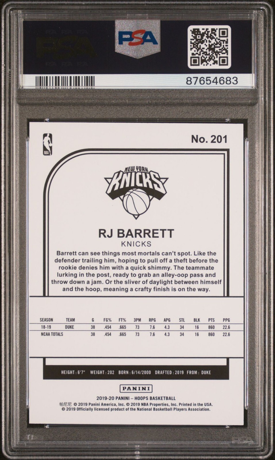 2019 PANINI HOOPS RJ BARRETT #201 ROOKIE RC ORANGE EXPLOSION /25 PSA 9 MINT view 2