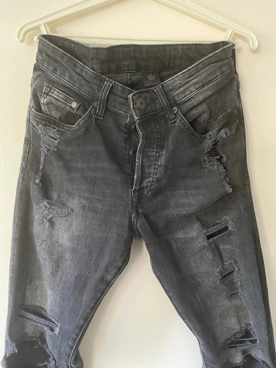 Mens Denim Jeans H M Size 28 Skinny Button Black ripped S001