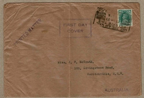 India 1937 9Pies KGVI on Cached First Day Cover to Australia