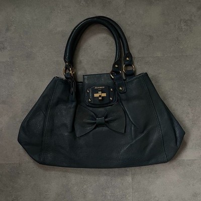 miu୨୧ 2ページ Miu Miu Hand Shoulder Bag Logo Leather Bow Navy 2way Y2K Archive