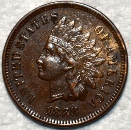 About Uncirculated 1868 Indian Head Cent, Razor-Sharp, Scarce Date specimen.