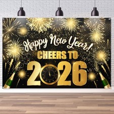 2026 New Year Backdrop, BlackGold Happy New Year Party Decoration Hello 2026 ...