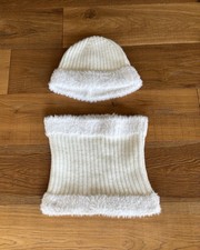 Winter hat scarf set cream faux fur trim soft cozy knit Elegant Glam Festive