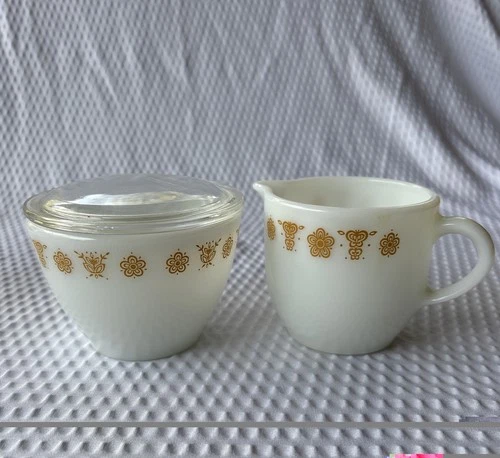 Vintage Corning Ware Pyrex Butterfly Gold Creamer & Sugar Bowl WITH LID - RARE!