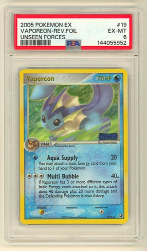 2005 POKEMON EX UNSEEN FORCES #19 VAPOREON-REV.FOIL PSA 6 FRESHLY GRADED