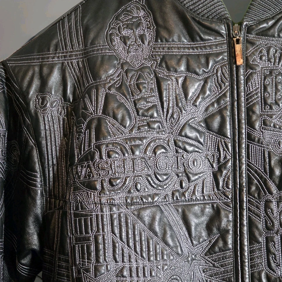 Max USA Chaqueta de Cuero Años 90 NYC Cosida Estatua Libertad Colección Douce Negra Foto 3 de 4