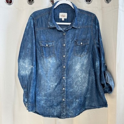 YMI Womens Blue Denim Chambray Shirt Pearl Snap Plus 2X Distressed Western 19714