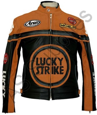 LUCKY STRIKE Leder Motorradjacke – CE Protektoren – Schwarz Orange