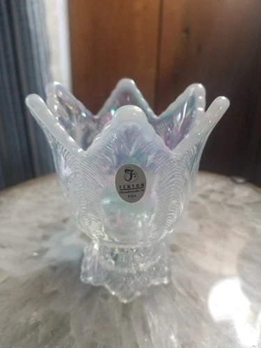 Vintage Fenton Glass French Opalescent Iridescent Tulip 2-Way Candle Holder