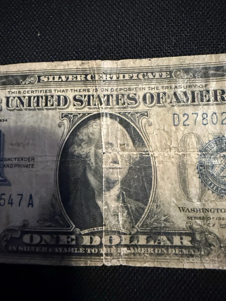 Funnyback Blue Seal Silver Certificate One Dollar Note $1 Banknote 1934 Bill - Image 3 of 4