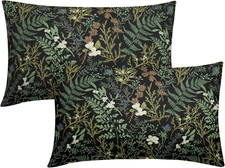 Botanical Print Floral Pillow Covers 12x20 Set of 2 Black Green Spring Vintage
