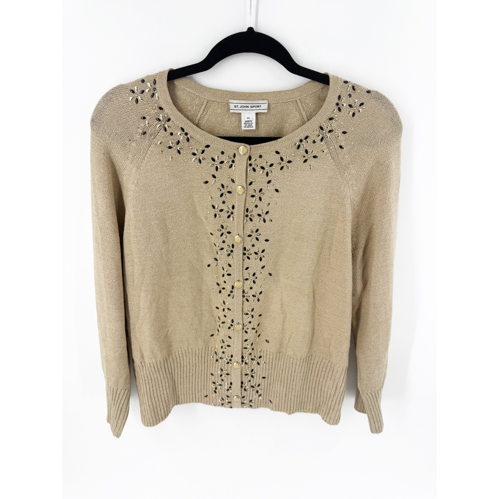 St John Sport Womens XL Tan Wool Blend Beaded Cardigan Sweater Embellished Gold