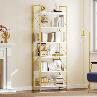 Modern 6-Tier Gold & White Bookshelf - Stylish Open Storage Rack for Home/Office