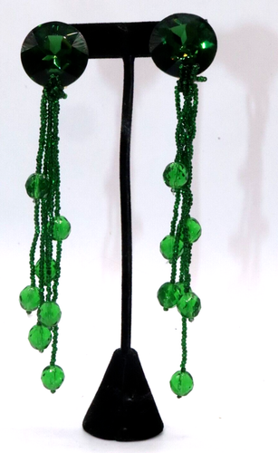 Emerald Green 6"Dangle Rhinestone Resin Beads Clip On Earrings