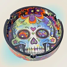 Sugar Skull La Muerte Ashtray. With Flowers 4" Round 1.5 " Tall