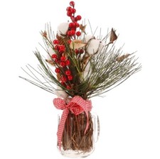 RAZ Imports 14" Farmhouse Cotton Boll Pine Berry Mason Jar Christmas Arrangement