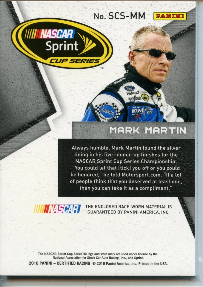 2016 Certified NASCAR Sprint Cup Swatches MIRROR SILVER Mark Martin #59/99 - Image 2 of 2